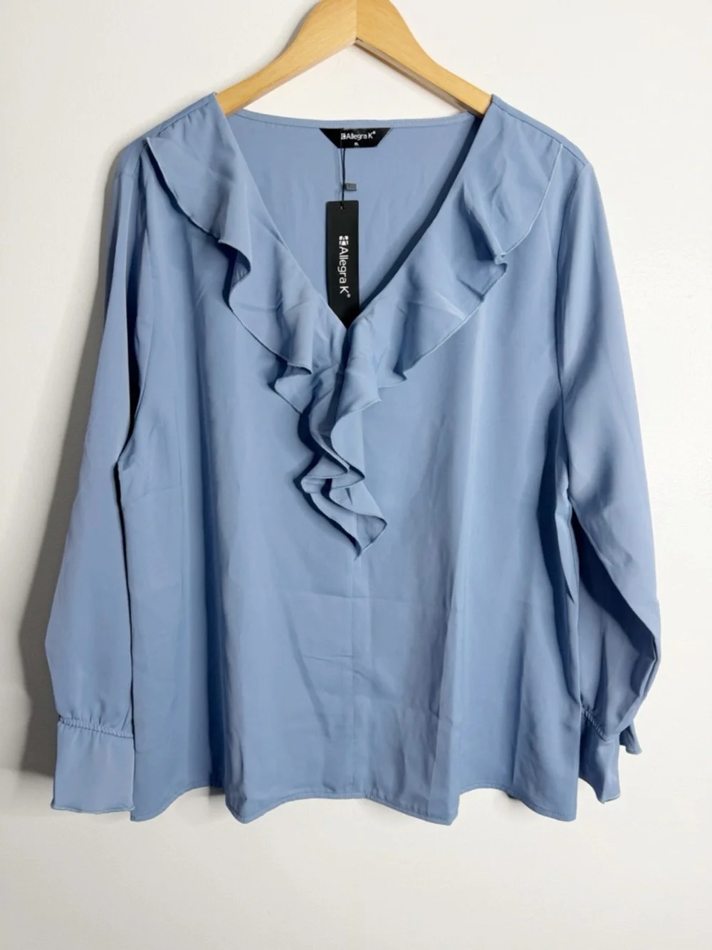 NWT Allegra K Blue Ruffle Blouse XL Minimalist Clean Girl Workwear Office Casual